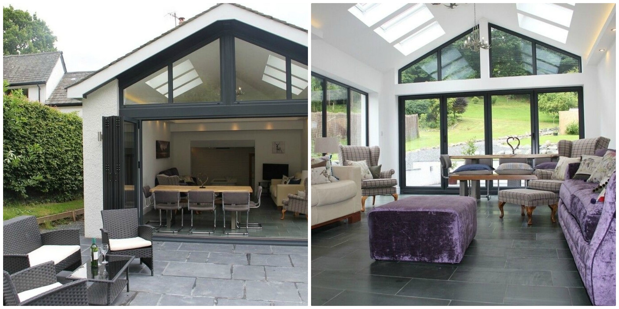 We love this glass wall with bi-fold doors, leading to the slate patio and garden